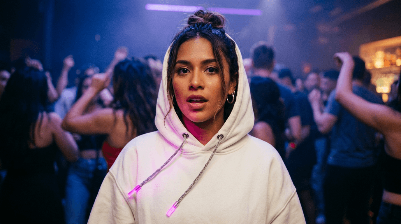 Woman in cream hoodie with silver mesh drawcords and glowing pink LED aglets in a dark club setting.