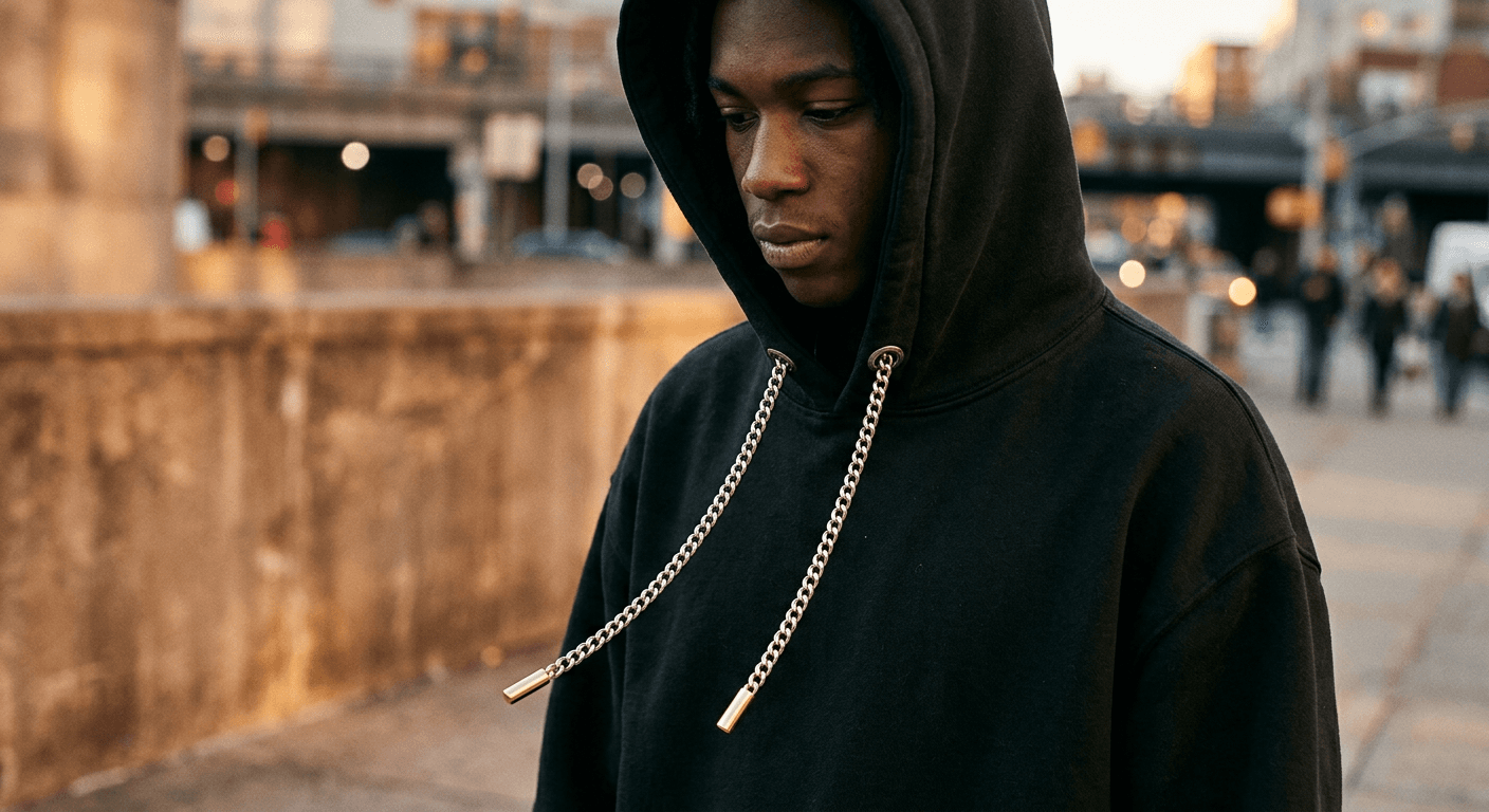 Person in oversized black hoodie with hood up, polished silver chain drawcords hanging across the chest.