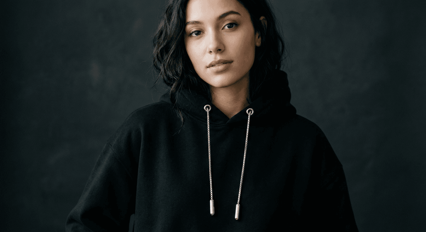Young woman in oversized black hoodie with delicate white gold chain drawcords.