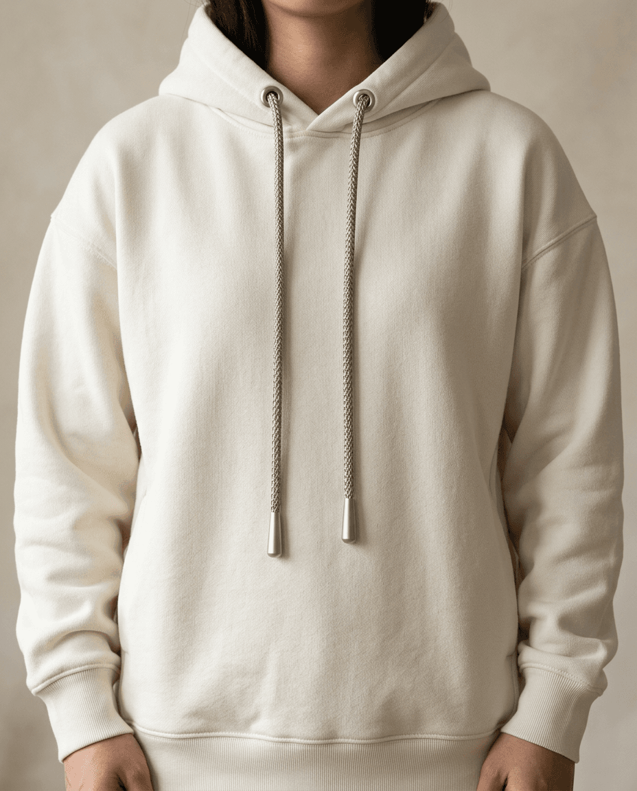 Bone colored hoodie with woven steel drawcords and satin metal tips.