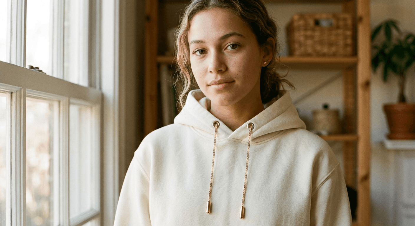 Young woman in cream heavyweight hoodie with thin yellow gold chain drawcords and gold aglets.